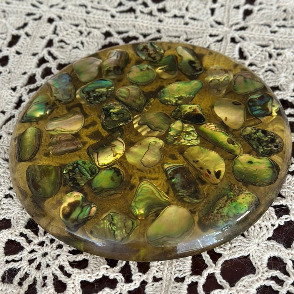Vintage Abalone Shell in Lucite Hot Plate Trivet Mid Century 6.5” beautiful EUC